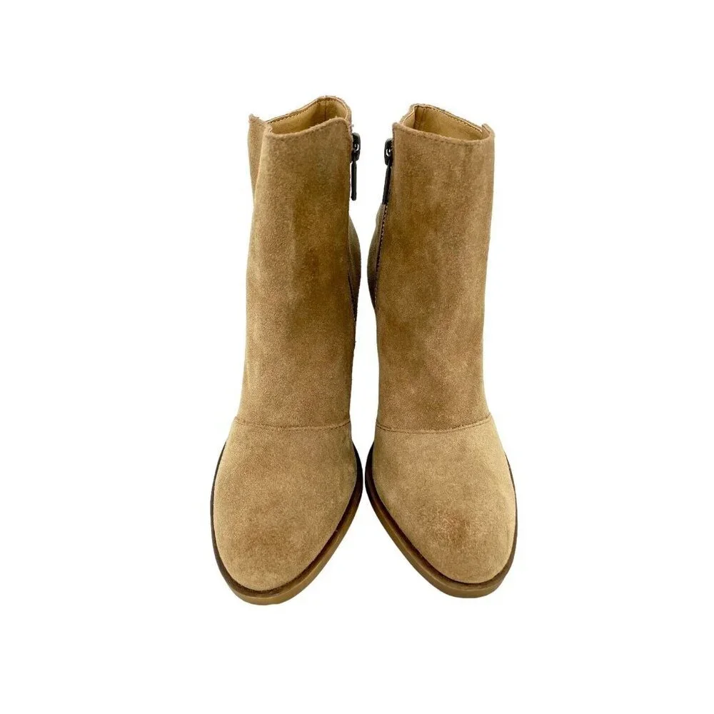 Lucky Brand Boots Suede Embroidered Ankle Boots Tan Heel Leather SZ 6 New